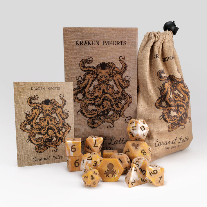 Kraken Dice Caramel Latte 14pc Matte Dice Set Inked in Brown
