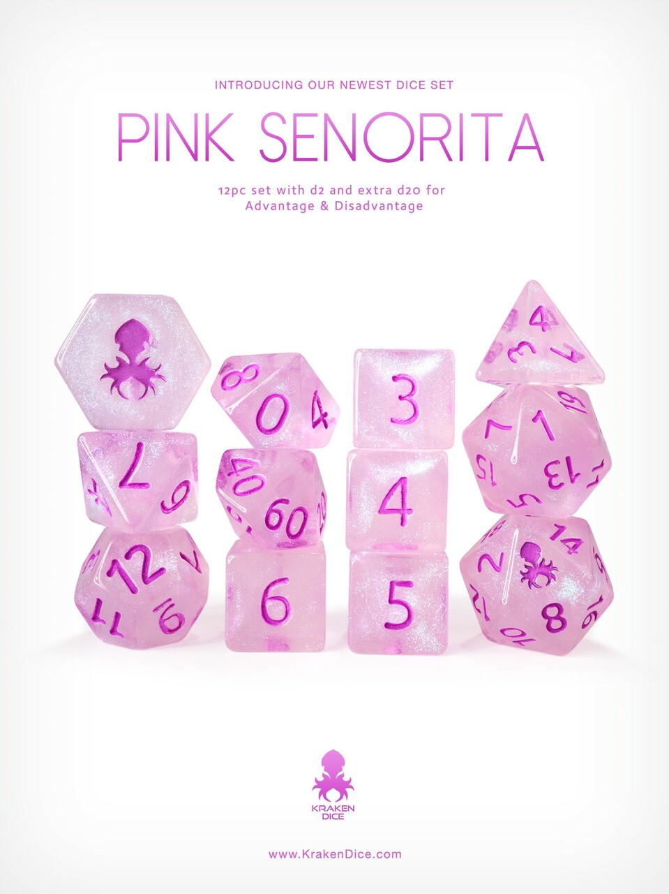Pink Senorita 12 pc Glitter RPG Dice Set