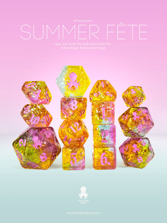 Kraken Dice Summer Fête 14pc TTRPG Dice Set with Pink Ink